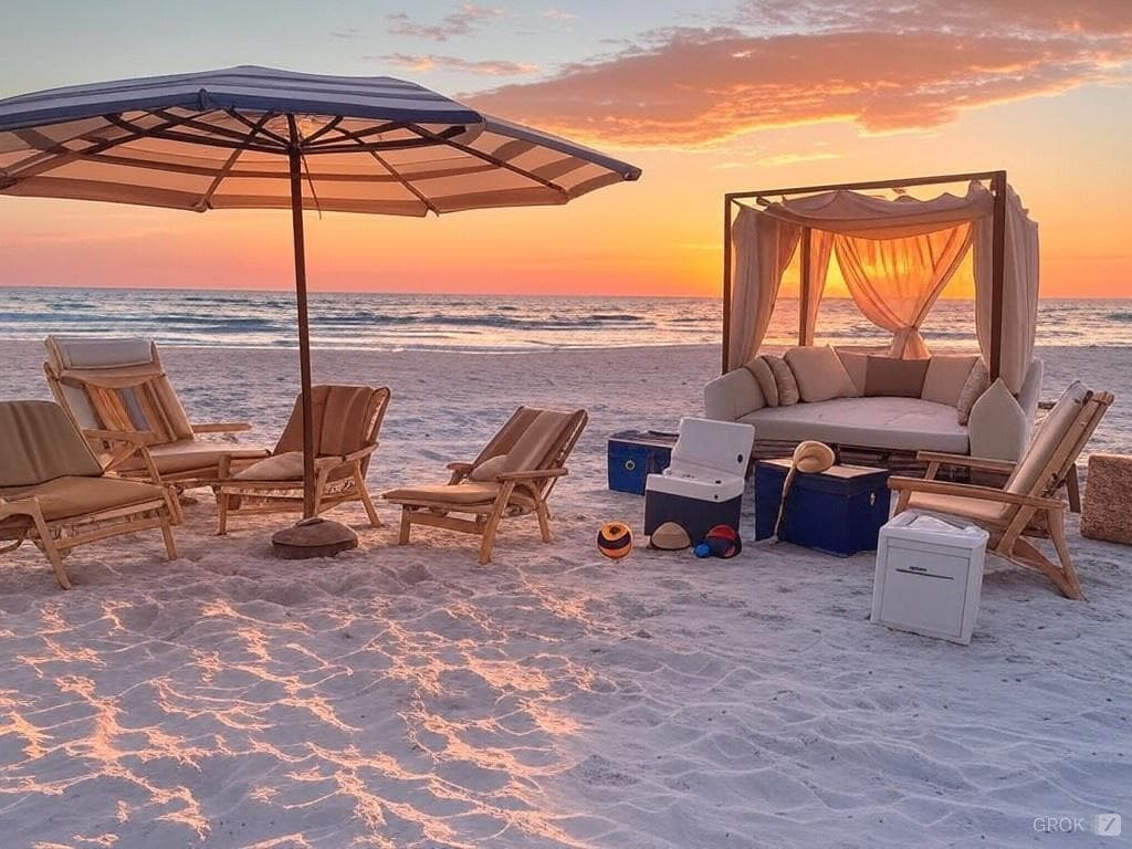 Luxurious beach setup with cabana and chairs at sunset